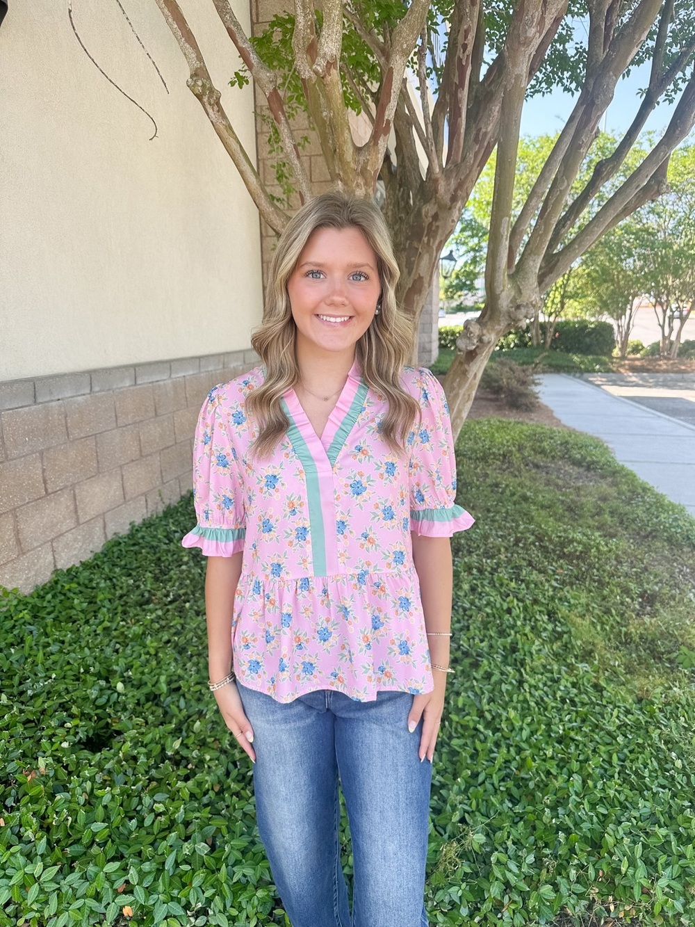 Simply southern Sweet Puff Top - Pink & Teal